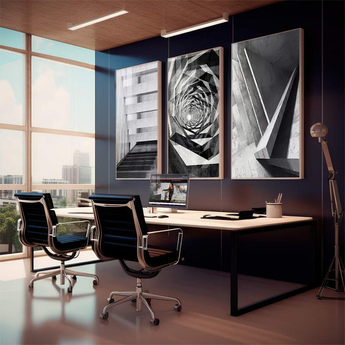 Quadro Decorativo Abstração Urbana: Modernidade em Preto e Branco - quadros decorativos para sala 1 Tela Vertical, 3 Telas - em living room premium