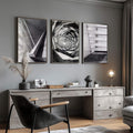 Quadro Decorativo Abstração Urbana: Modernidade em Preto e Branco - quadros decorativos para sala 1 Tela Vertical, 3 Telas - em ambiente decorado