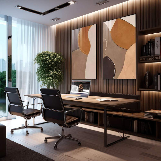 Quadro Decorativo: Tons Terrosos que Inspiram Arte - quadros decorativos 2 Telas, abstrato - em escritorio elegante