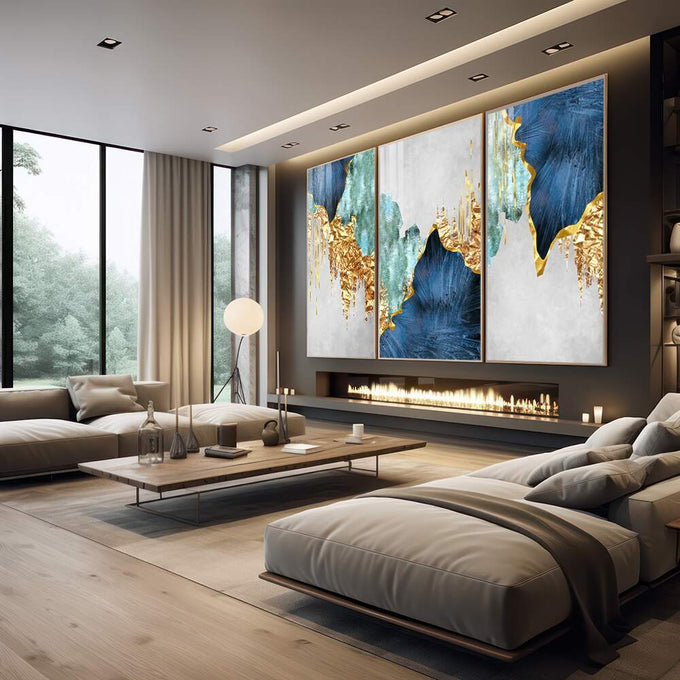 Quadro Decorativo Nórdico c/ Toque Dourado ? Exclusividade Total - quadros decorativos 1 Tela Vertical, 3 Telas - em sala moderna