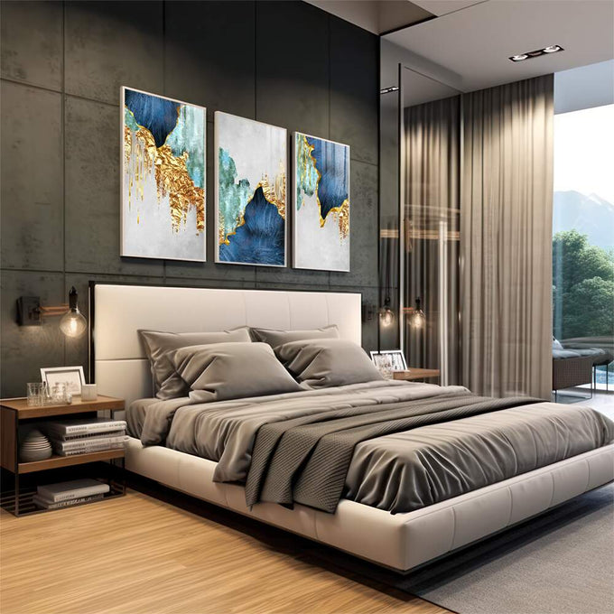 Quadro Decorativo Nórdico c/ Toque Dourado ? Exclusividade Total - quadros decorativos para sala 1 Tela Vertical, 3 Telas - em quarto contemporaneo