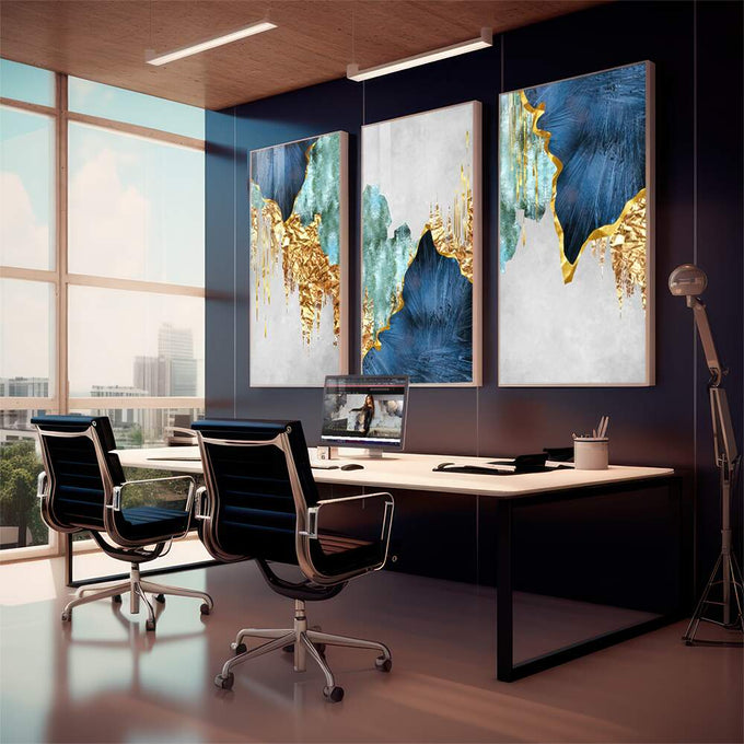 Quadro Decorativo Nórdico c/ Toque Dourado ? Exclusividade Total - quadros decorativos 1 Tela Vertical, 3 Telas - em escritorio elegante