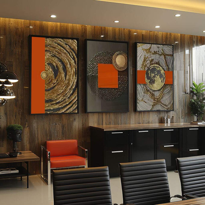 Quadro Decorativo: Dinamismo Abstrato em Preto e Dourado - quadros decorativos para sala 1 Tela Vertical, 3 Telas - em ambiente decorado