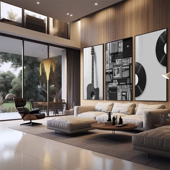 Quadro Decorativo: Paixão Musical Monocromática - quadros decorativos para sala 1 Tela Vertical, 3 Telas - em quarto contemporaneo