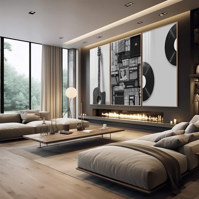 Quadro Decorativo: Paixão Musical Monocromática - quadros decorativos 1 Tela Vertical, 3 Telas - em escritorio elegante