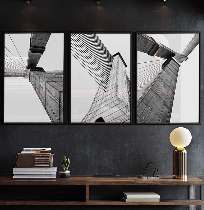 Quadro Decorativo Vibrante Paisagem Urbana - Encante-se! - quadros decorativos para sala 1 Tela Vertical, 3 Telas - em ambiente decorado