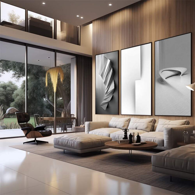 Quadro Decorativo: Elegância Moderna em Preto e Branco - quadros decorativos para sala 1 Tela Vertical, 3 Telas - em quarto contemporaneo