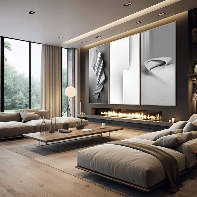 Quadro Decorativo: Elegância Moderna em Preto e Branco - quadros decorativos 1 Tela Vertical, 3 Telas - em escritorio elegante