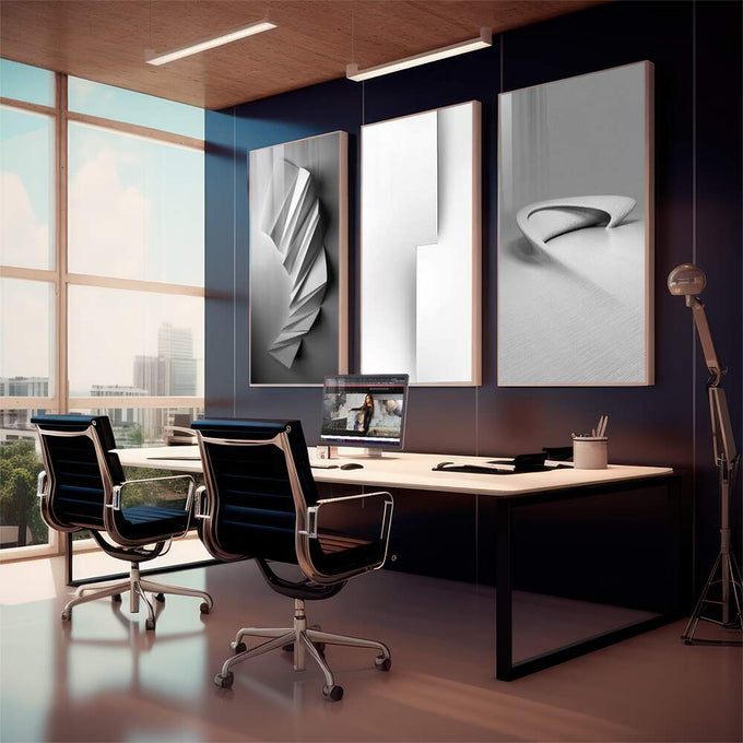 Quadro Decorativo: Elegância Moderna em Preto e Branco - quadros decorativos 1 Tela Vertical, 3 Telas - em sala moderna
