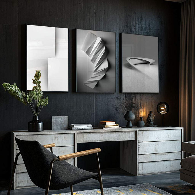 Quadro Decorativo: Elegância Moderna em Preto e Branco - quadros decorativos para sala 1 Tela Vertical, 3 Telas - em ambiente decorado