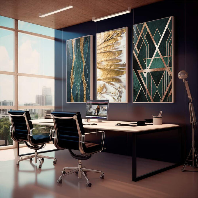 Quadro Decorativo: Luxo Verde e Ouro Art Deco - quadros decorativos para sala 1 Tela Vertical, 3 Telas - em living room premium