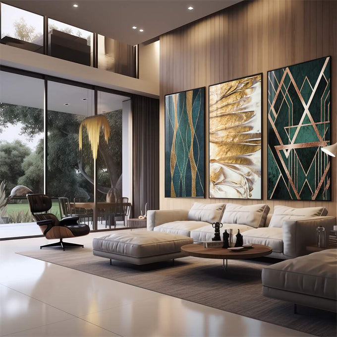 Quadro Decorativo: Luxo Verde e Ouro Art Deco - quadros decorativos 1 Tela Vertical, 3 Telas - em sala moderna