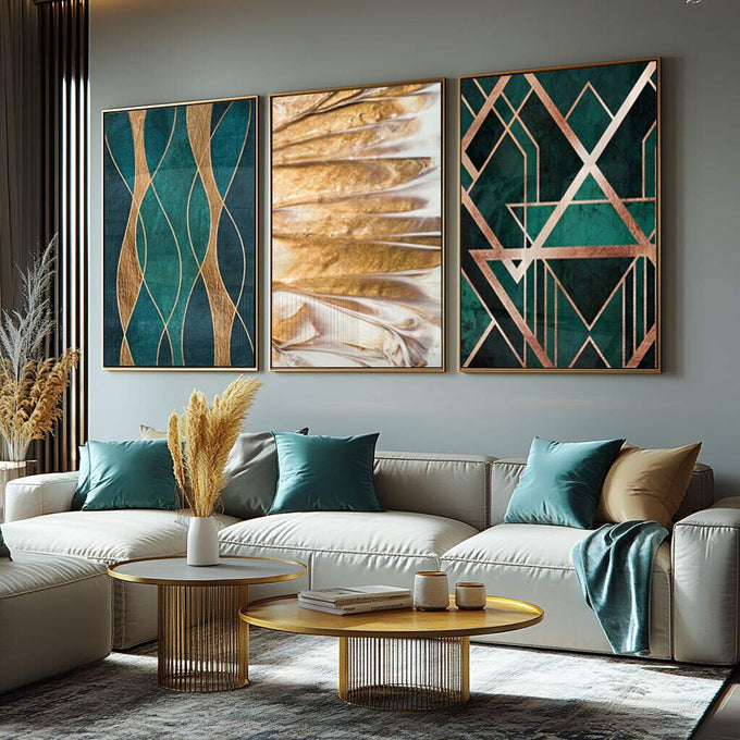 Quadro Decorativo: Luxo Verde e Ouro Art Deco - quadros decorativos para sala 1 Tela Vertical, 3 Telas - em ambiente decorado