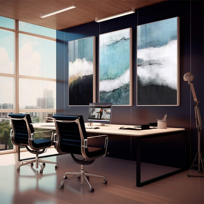 Quadro Decorativo Natureza em Azul - Toque Sereno para o Lar - quadros decorativos 1 Tela Vertical, 3 Telas - em sala moderna