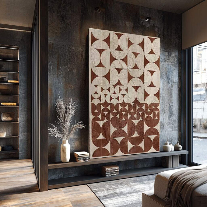 Quadro Decorativo Abstração Geométrica - Elegância Minimalista - quadros decorativos para sala 1 Tela Vertical, 3 Telas - em ambiente decorado