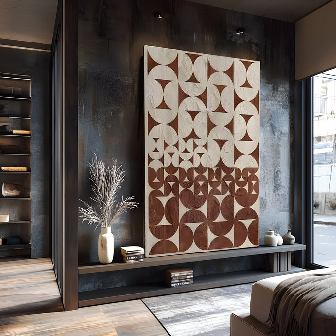 Padrão geométrico de círculos e semicírculos em marrom terracota e bege com textura, quadro decorativo