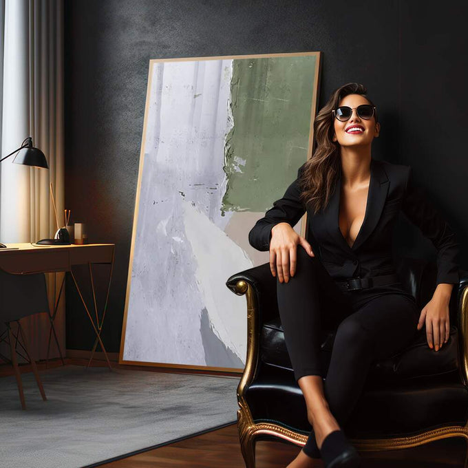 Quadro Decorativo Abstração Vibrante e Iceberg Ártico - quadros decorativos 1 Tela Vertical, 3 Telas - em sala moderna