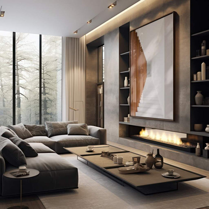 Quadro Decorativo Escadaria Espiral: Elegância Única - quadros decorativos 1 Tela Vertical, 3 Telas - em sala moderna