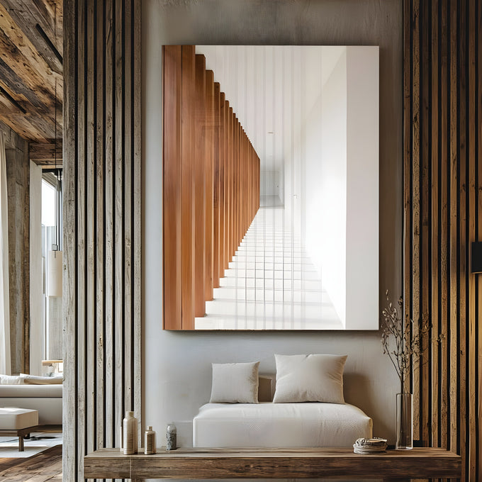 Corredor branco com ripado de madeira, luz e sombras em perspectiva, arte minimalista quadro decorativo