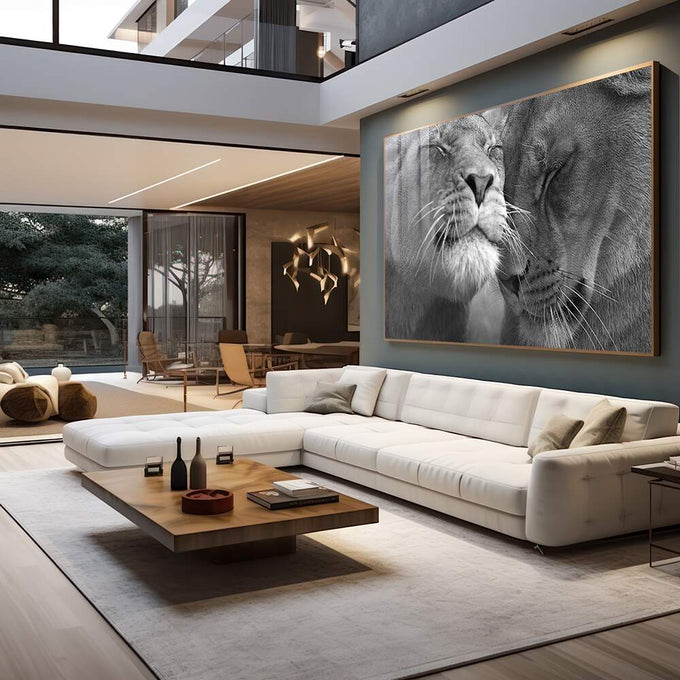 Quadro Decorativo Majestoso Amor Leão - Exclusividade Única - quadros decorativos para sala 1 Tela, 1 Tela Horizontal - em quarto contemporaneo