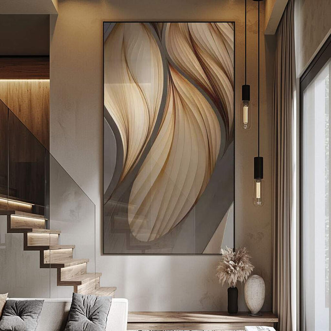 Quadro Decorativo: Serenidade Abstrata - quadros decorativos para sala 1 Tela Vertical, 3 Telas - em ambiente decorado