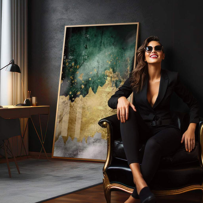 Quadro Decorativo Abstração Verde e Dourado: Inspire-se! - quadros decorativos para sala 1 Tela Vertical, 3 Telas - em quarto contemporaneo