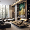 Quadro Decorativo Abstração Verde e Dourado: Inspire-se! - quadros decorativos 1 Tela Vertical, 3 Telas - em sala moderna