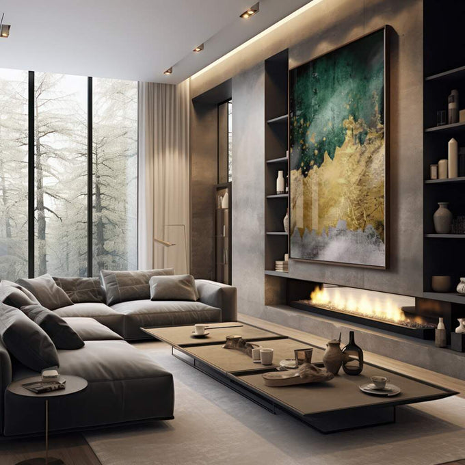 Quadro Decorativo Abstração Verde e Dourado: Inspire-se! - quadros decorativos 1 Tela Vertical, 3 Telas - em sala moderna