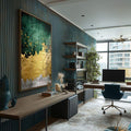 Quadro Decorativo Abstração Verde e Dourado: Inspire-se! - quadros decorativos para sala 1 Tela Vertical, 3 Telas - em ambiente decorado
