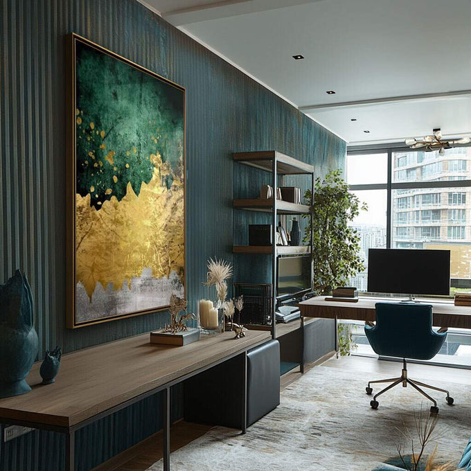Quadro Decorativo Abstração Verde e Dourado: Inspire-se! - quadros decorativos para sala 1 Tela Vertical, 3 Telas - em ambiente decorado