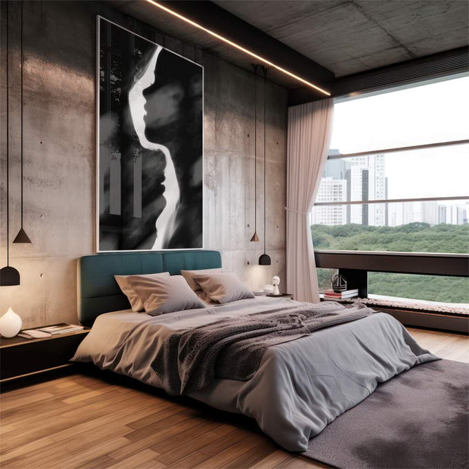 Quadro Decorativo Beijo Eterno: Emoção em Preto e Branco - quadros decorativos 1 Tela Vertical, 3 Telas - em escritorio elegante