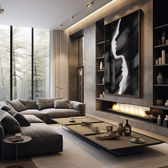 Quadro Decorativo Beijo Eterno: Emoção em Preto e Branco - quadros decorativos 1 Tela Vertical, 3 Telas - em sala moderna