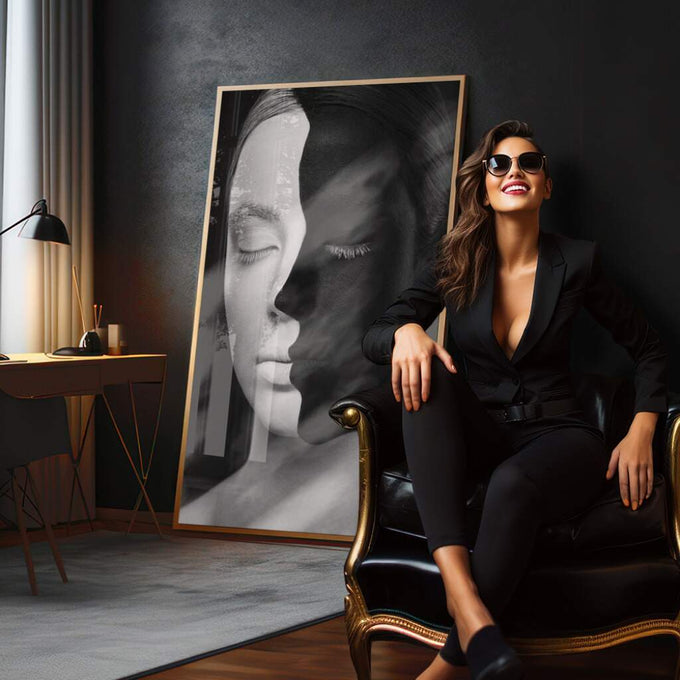 Quadro Decorativo: Essência Feminina em Preto & Branco - quadros decorativos para sala 1 Tela Vertical, 3 Telas - em quarto contemporaneo