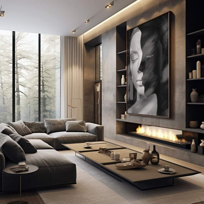 Quadro Decorativo: Essência Feminina em Preto & Branco - quadros decorativos 1 Tela Vertical, 3 Telas - em sala moderna