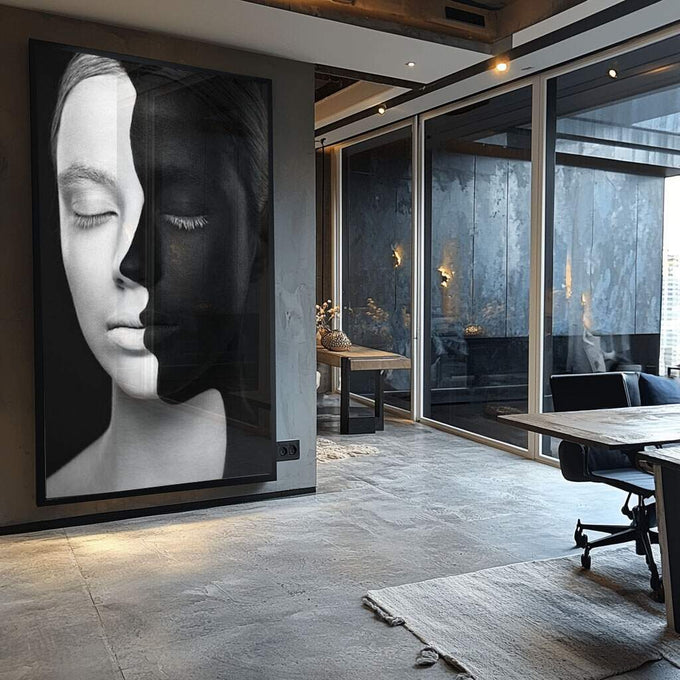 Quadro Decorativo: Essência Feminina em Preto & Branco - quadros decorativos para sala 1 Tela Vertical, 3 Telas - em ambiente decorado