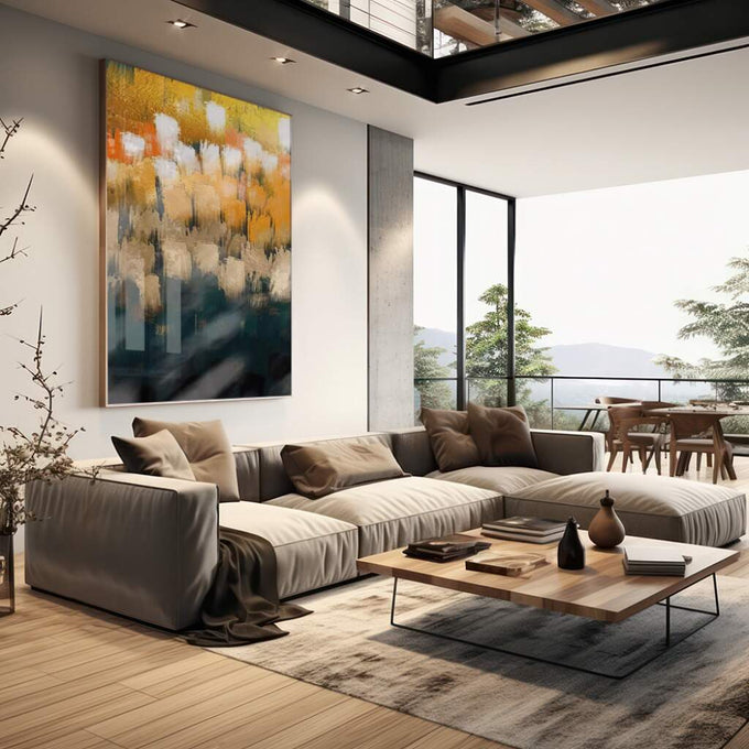 Quadro Decorativo Abstração Vibrante: Energia que Inspira - quadros decorativos 1 Tela Vertical, 3 Telas - em sala moderna