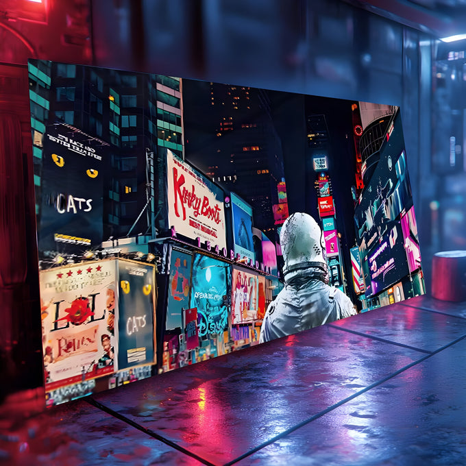 Astronauta de costas em meio aos letreiros neon da Times Square à noite em Nova York, quadro decorativo