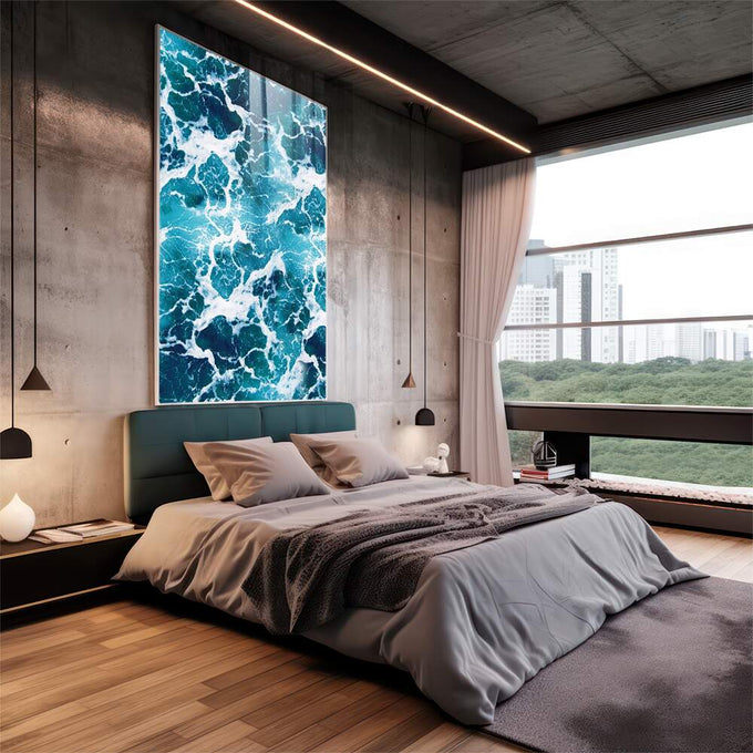 Quadro Decorativo Espuma do Mar: Ondas Vibrantes - quadros decorativos 1 Tela Vertical, 3 Telas - em escritorio elegante