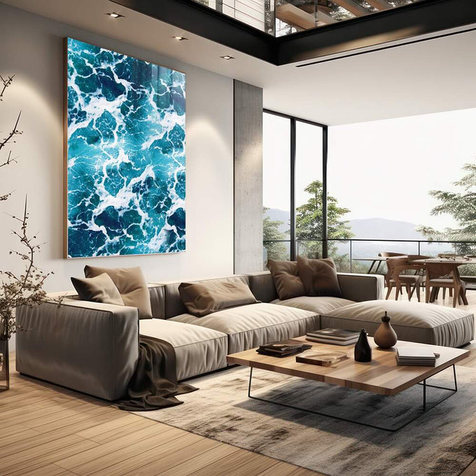 Quadro Decorativo Espuma do Mar: Ondas Vibrantes - quadros decorativos para sala 1 Tela Vertical, 3 Telas - em living room premium