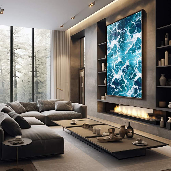 Quadro Decorativo Espuma do Mar: Ondas Vibrantes - quadros decorativos 1 Tela Vertical, 3 Telas - em sala moderna