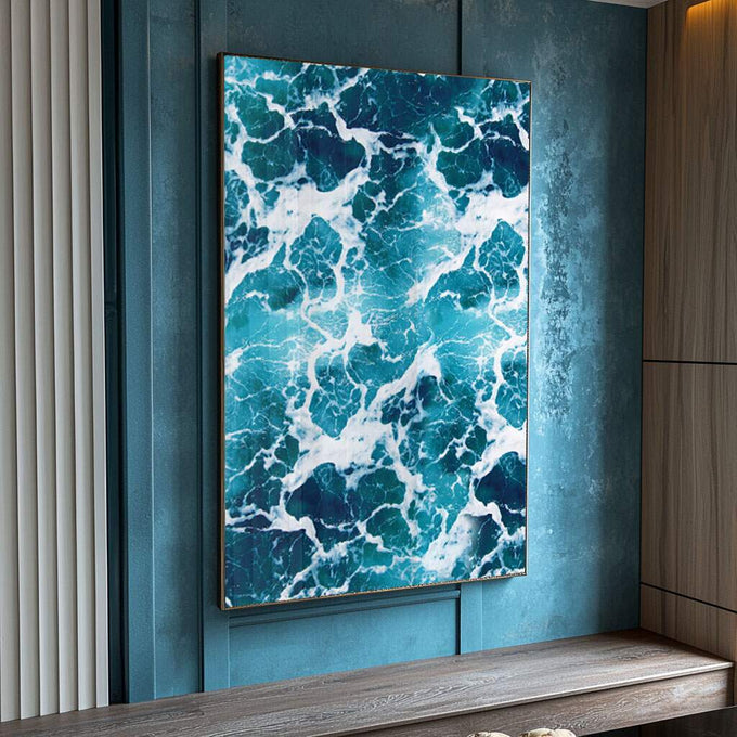 Quadro Decorativo Espuma do Mar: Ondas Vibrantes - quadros decorativos para sala 1 Tela Vertical, 3 Telas - em ambiente decorado