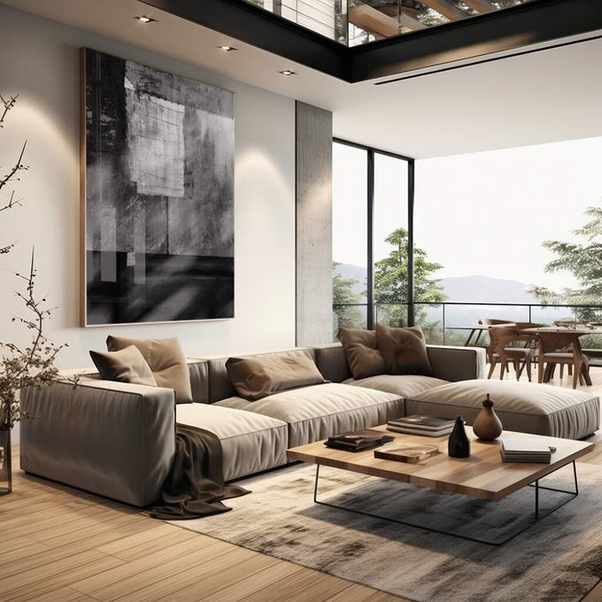 Quadro Decorativo: Elegância Monocromática Abstrata - quadros decorativos para sala 1 Tela Vertical, 3 Telas - em living room premium