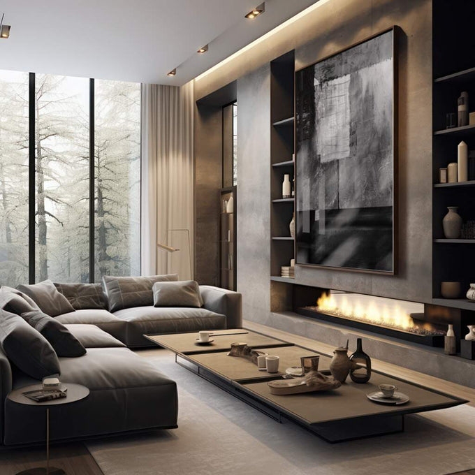 Quadro Decorativo: Elegância Monocromática Abstrata - quadros decorativos 1 Tela Vertical, 3 Telas - em sala moderna