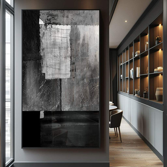 Quadro Decorativo: Elegância Monocromática Abstrata - quadros decorativos para sala 1 Tela Vertical, 3 Telas - em ambiente decorado