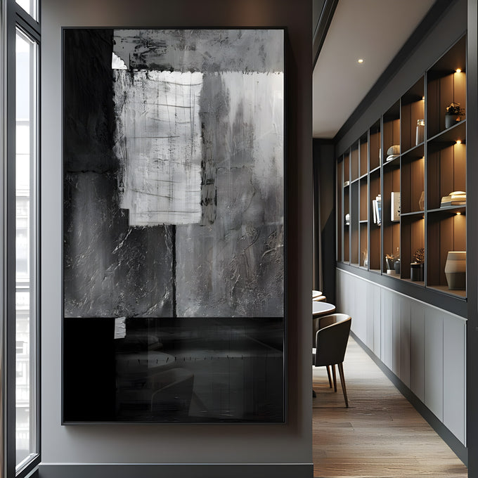 Pintura abstrata em preto, cinza e branco com blocos retangulares e textura gestual, quadro decorativo