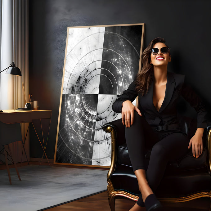 Abstrato preto e branco com círculos concêntricos e quadrantes invertidos com brilhos, quadro decorativo