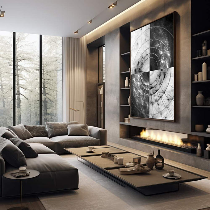 Quadro Decorativo Espiral Hipnótica: Toque de Mistério - quadros decorativos 1 Tela Vertical, 3 Telas - em sala moderna
