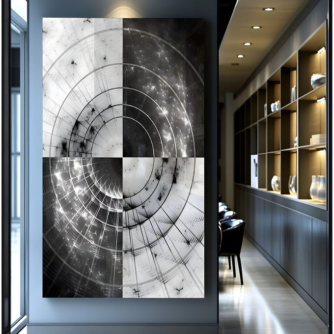 Abstrato preto e branco com círculos concêntricos e quadrantes invertidos com brilhos, quadro decorativo