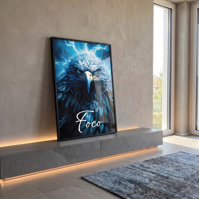 Quadro Decorativo Águia Foco Azul - Sofisticação e Estilo para Seu Ambiente em ambiente decorado - quadros decorativos para sala