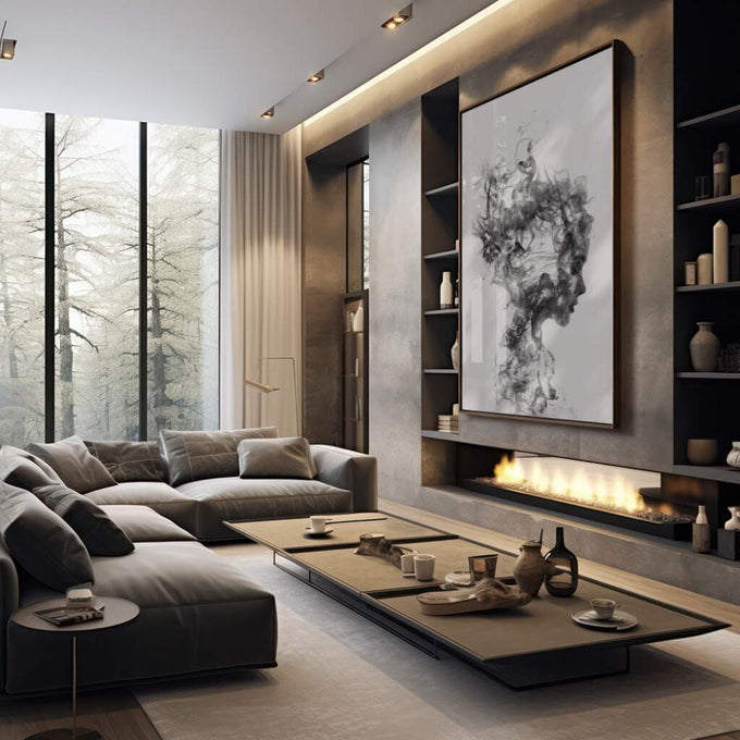 Quadro Decorativo Fumaça e Flor: Beleza em Monocromia - quadros decorativos 1 Tela Vertical, 3 Telas - em sala moderna